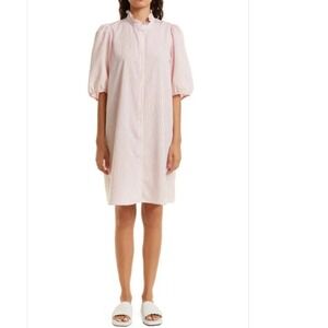 Samsoe Samsoe Suzia Dress Pink Pumpkin Stripe Puff Sleeve Ruffle Collar Size S